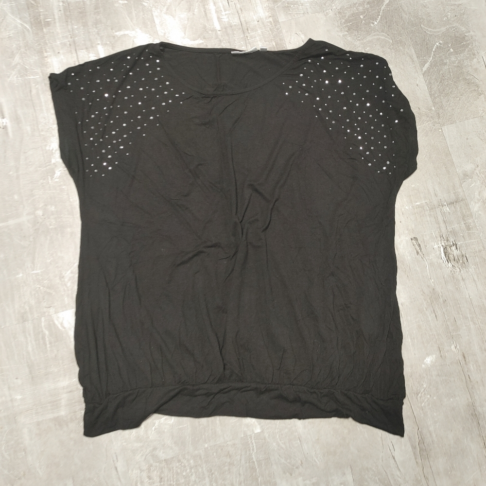 Black cap sleeve blouse with bling shoulders.